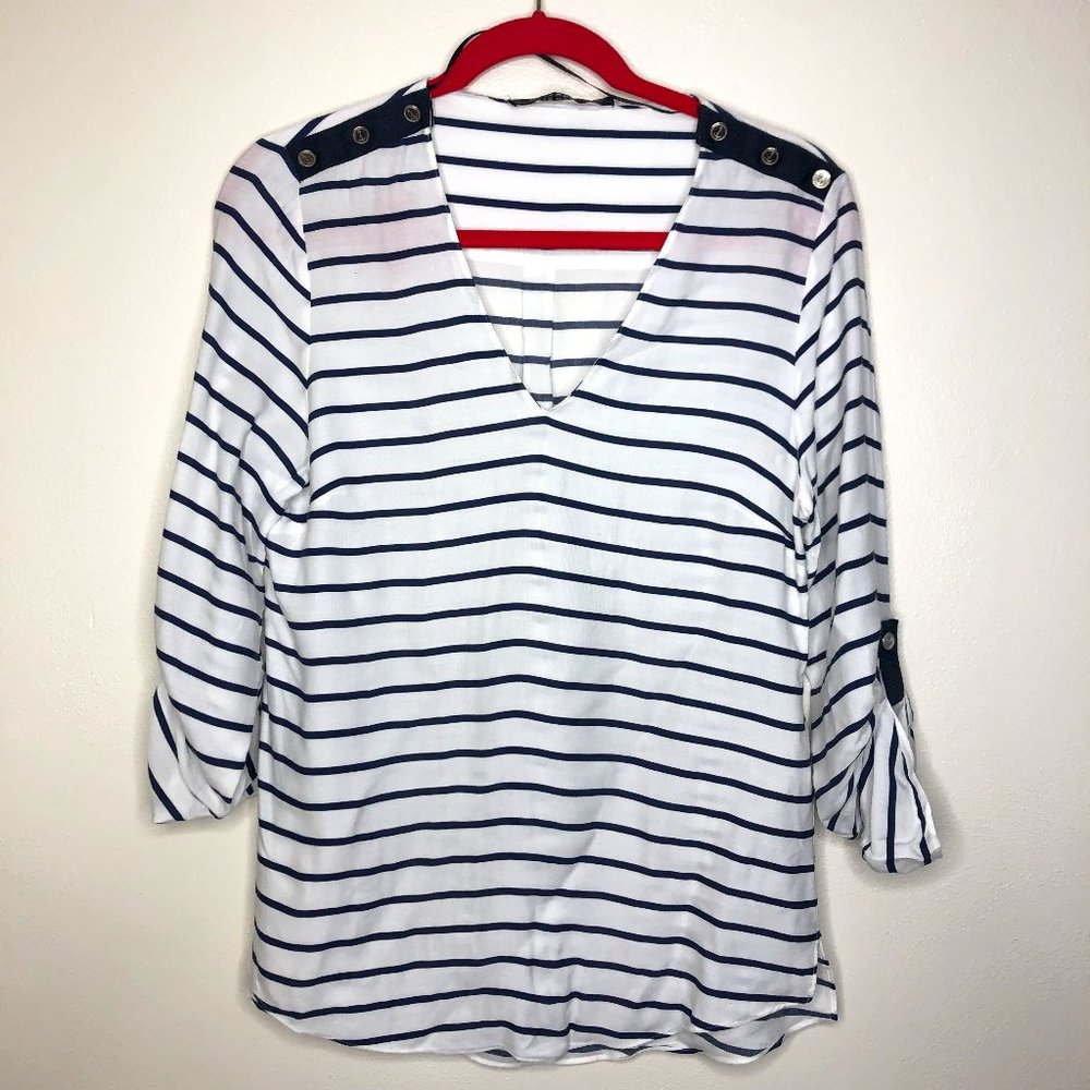 Zara Woman Nautical Sailor Striped Blouse With Roll Tab Sleeves Anchor Detail